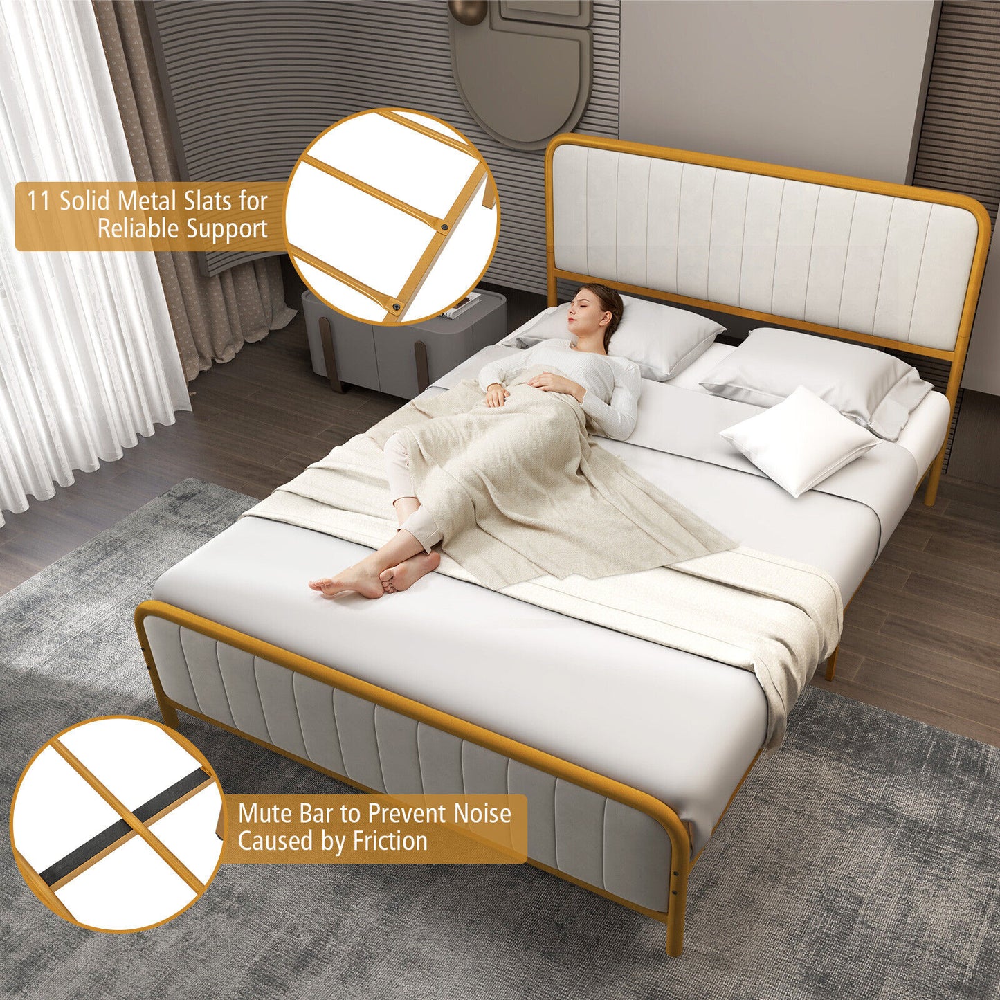 Premium Gold Upholstered Platform Bed Frame with Luxurious Velvet Headboard – Queen Size
