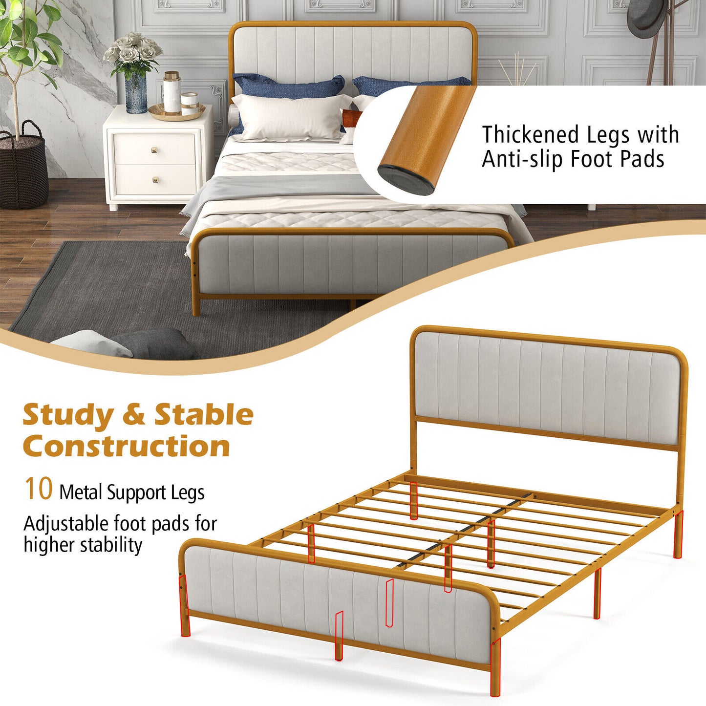 Premium Gold Upholstered Platform Bed Frame with Luxurious Velvet Headboard – Queen Size