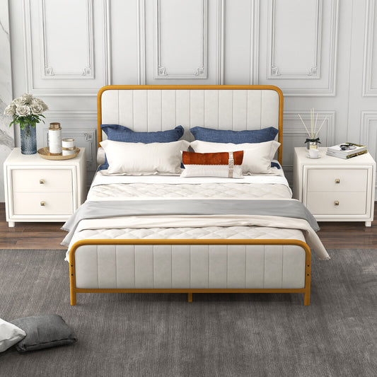 Premium Gold Upholstered Platform Bed Frame with Luxurious Velvet Headboard – Queen Size