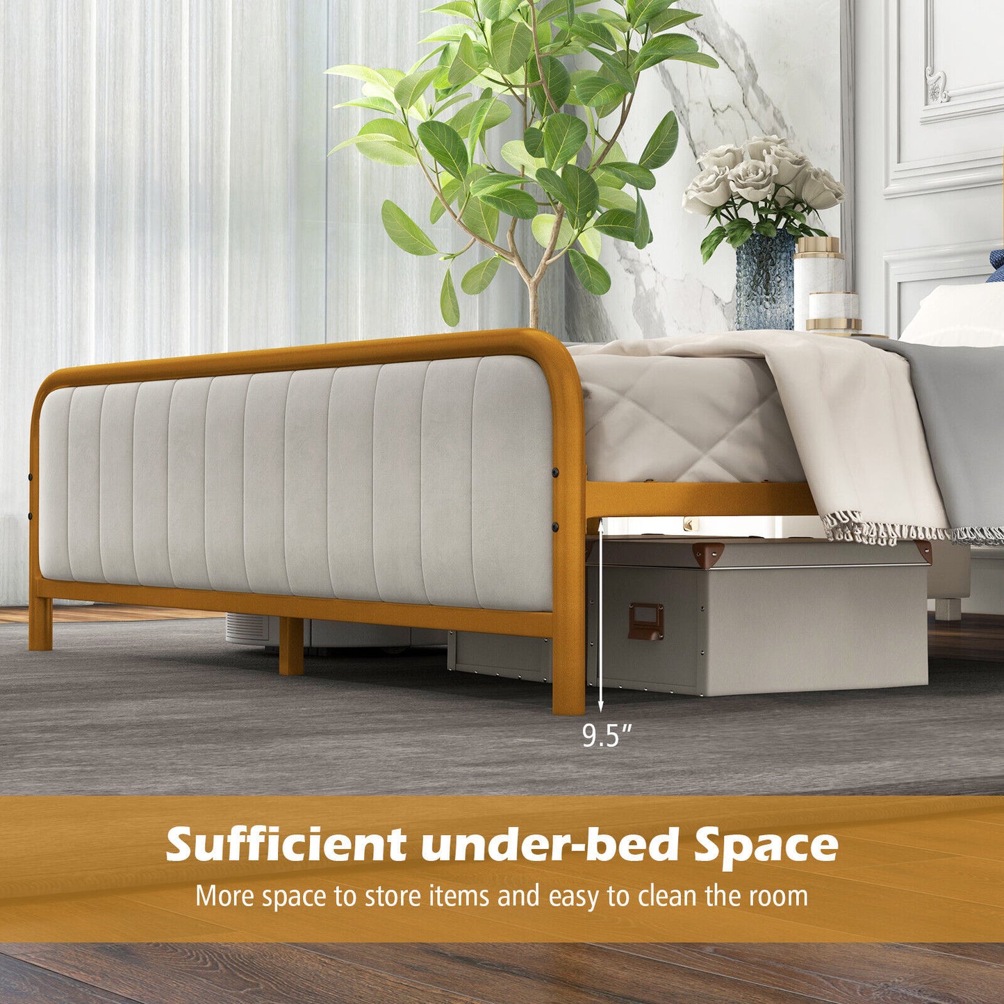 Premium Gold Upholstered Platform Bed Frame with Luxurious Velvet Headboard – Queen Size