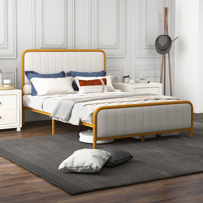 Premium Gold Upholstered Platform Bed Frame with Luxurious Velvet Headboard – Full Size