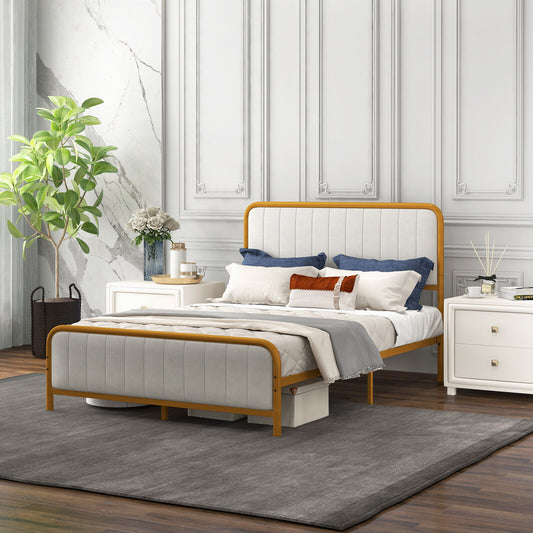 Premium Gold Upholstered Platform Bed Frame with Luxurious Velvet Headboard – Full Size