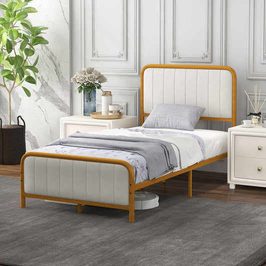 Premium Gold Upholstered Platform Bed Frame with Luxurious Velvet Headboard – Twin Size