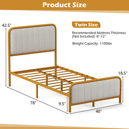 Premium Gold Upholstered Platform Bed Frame with Luxurious Velvet Headboard – Twin Size