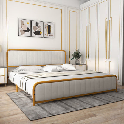 Premium Gold Upholstered Platform Bed Frame with Luxurious Velvet Headboard – King Size