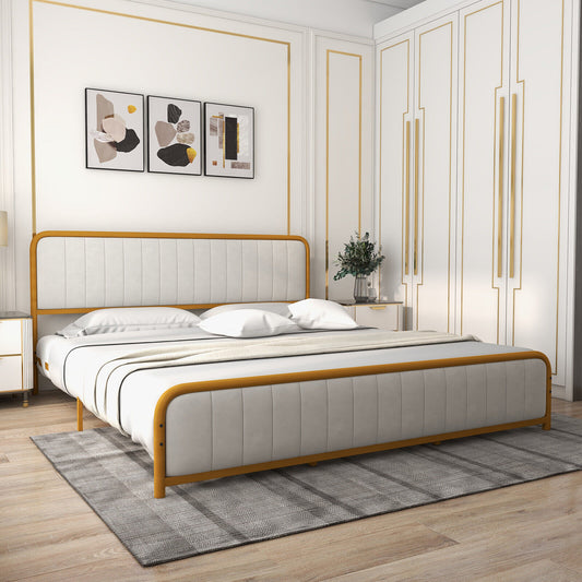 Premium Gold Upholstered Platform Bed Frame with Luxurious Velvet Headboard – King Size