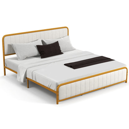 Premium Gold Upholstered Platform Bed Frame with Luxurious Velvet Headboard – King Size