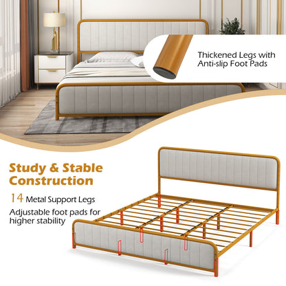 Premium Gold Upholstered Platform Bed Frame with Luxurious Velvet Headboard – King Size