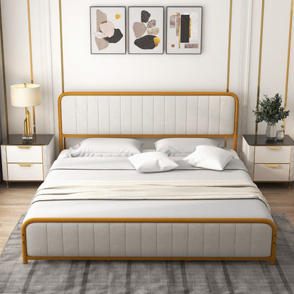 Premium Gold Upholstered Platform Bed Frame with Luxurious Velvet Headboard – King Size