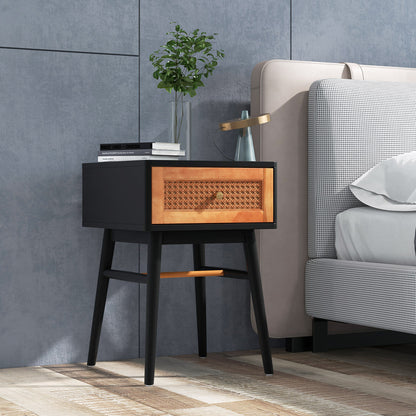Stylish 1-Drawer Bedside Table with Sleek Handle and Sturdy Wood Legs Black