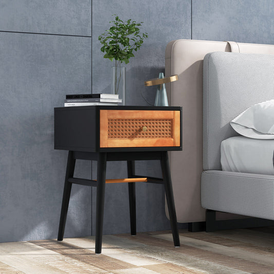 Stylish 1-Drawer Bedside Table with Sleek Handle and Sturdy Wood Legs Black