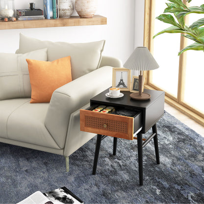 Stylish 1-Drawer Bedside Table with Sleek Handle and Sturdy Wood Legs Black