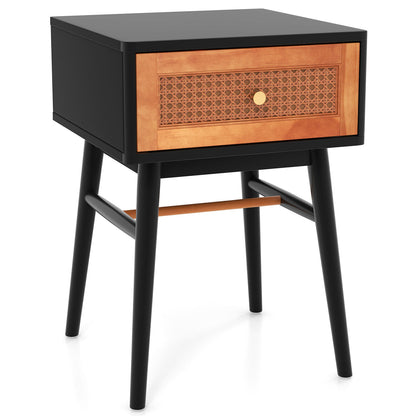 Stylish 1-Drawer Bedside Table with Sleek Handle and Sturdy Wood Legs Black