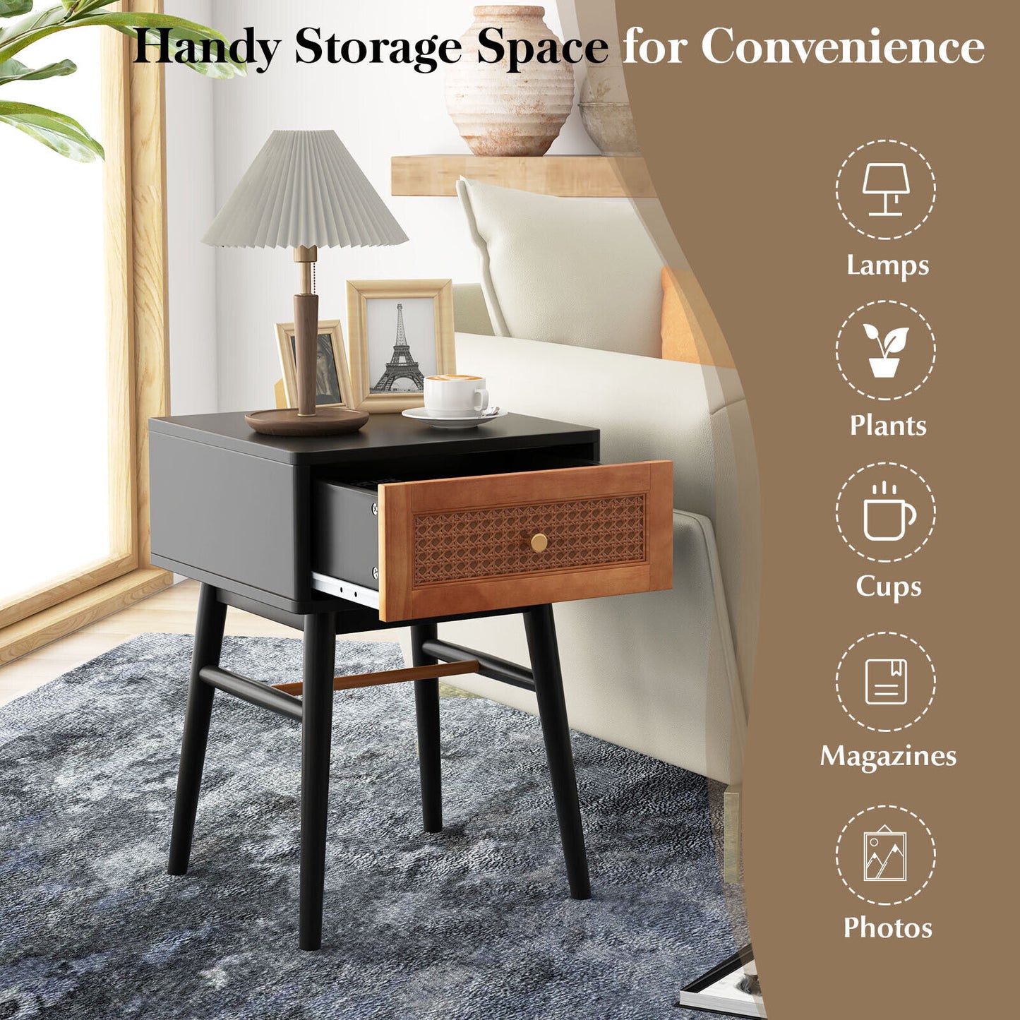 Stylish 1-Drawer Bedside Table with Sleek Handle and Sturdy Wood Legs Black