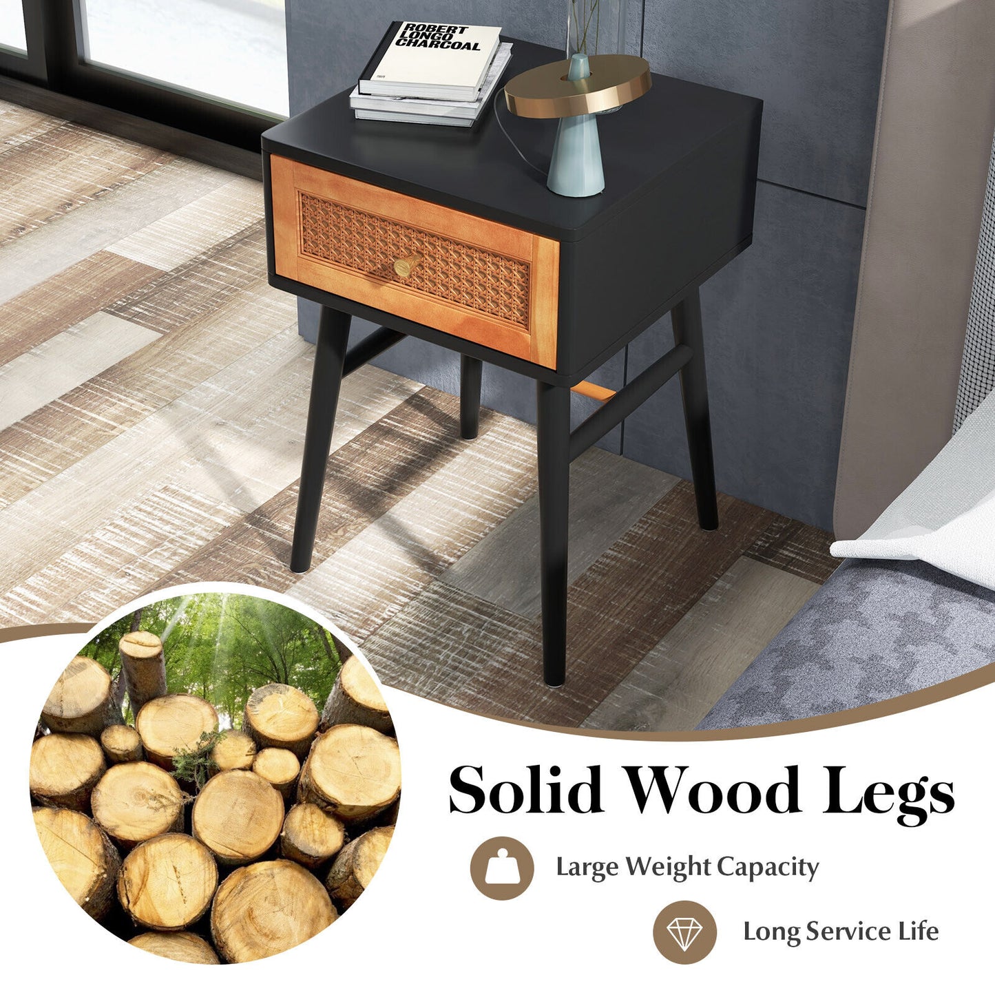 Stylish 1-Drawer Bedside Table with Sleek Handle and Sturdy Wood Legs Black
