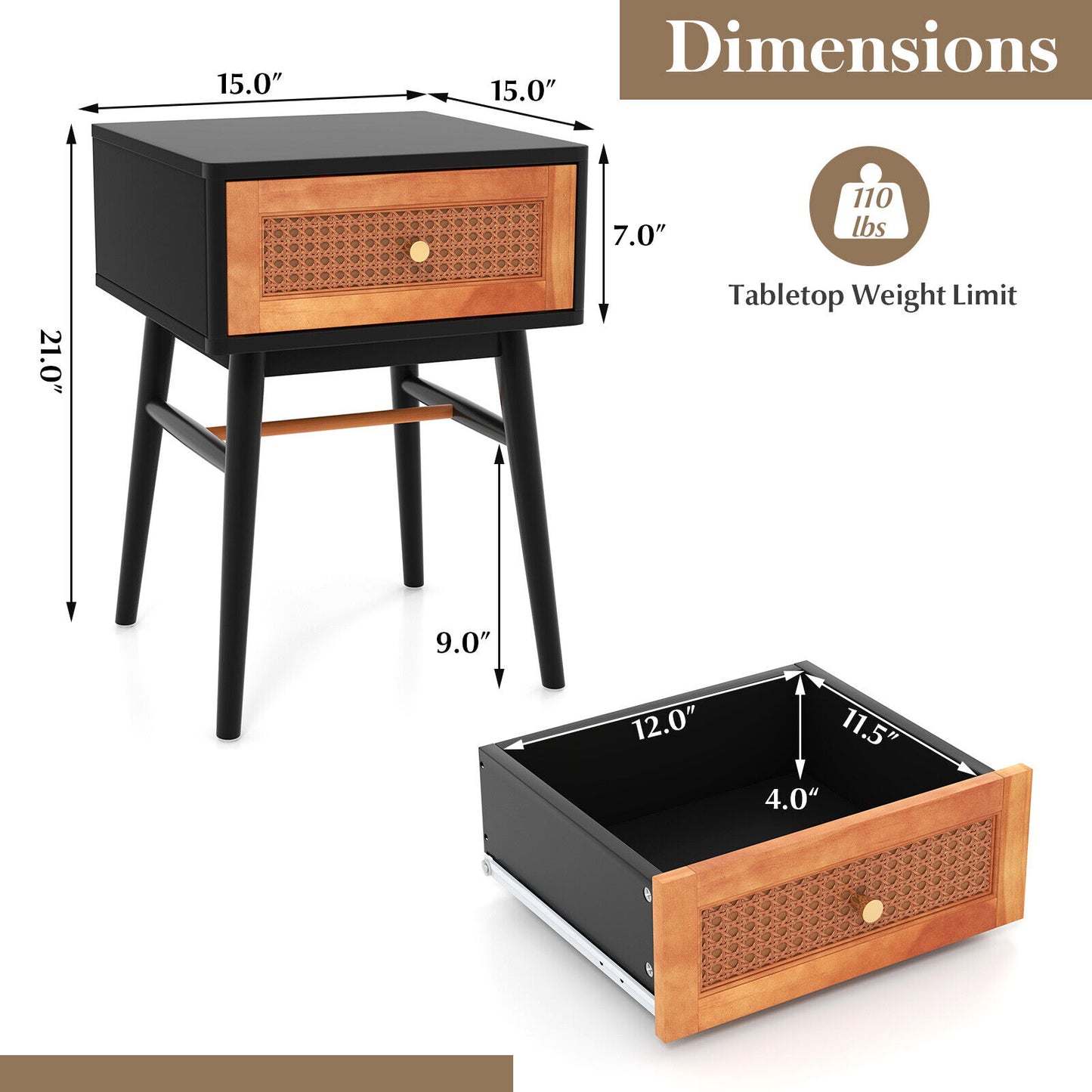 Stylish 1-Drawer Bedside Table with Sleek Handle and Sturdy Wood Legs Black