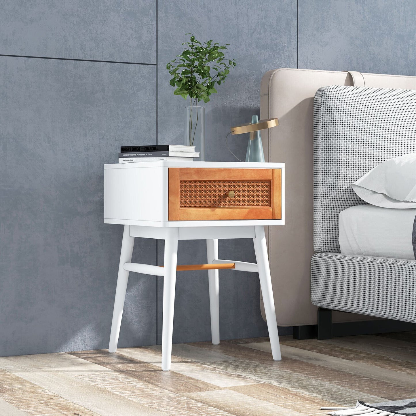 Stylish 1-Drawer Bedside Table with Sleek Handle and Sturdy Wood Legs White