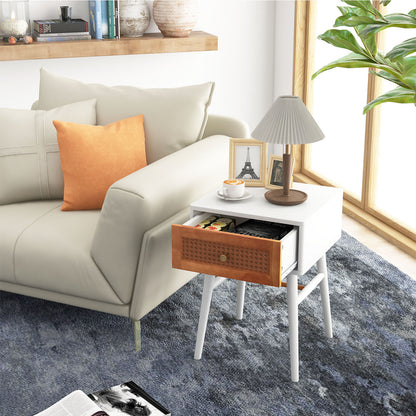 Stylish 1-Drawer Bedside Table with Sleek Handle and Sturdy Wood Legs White