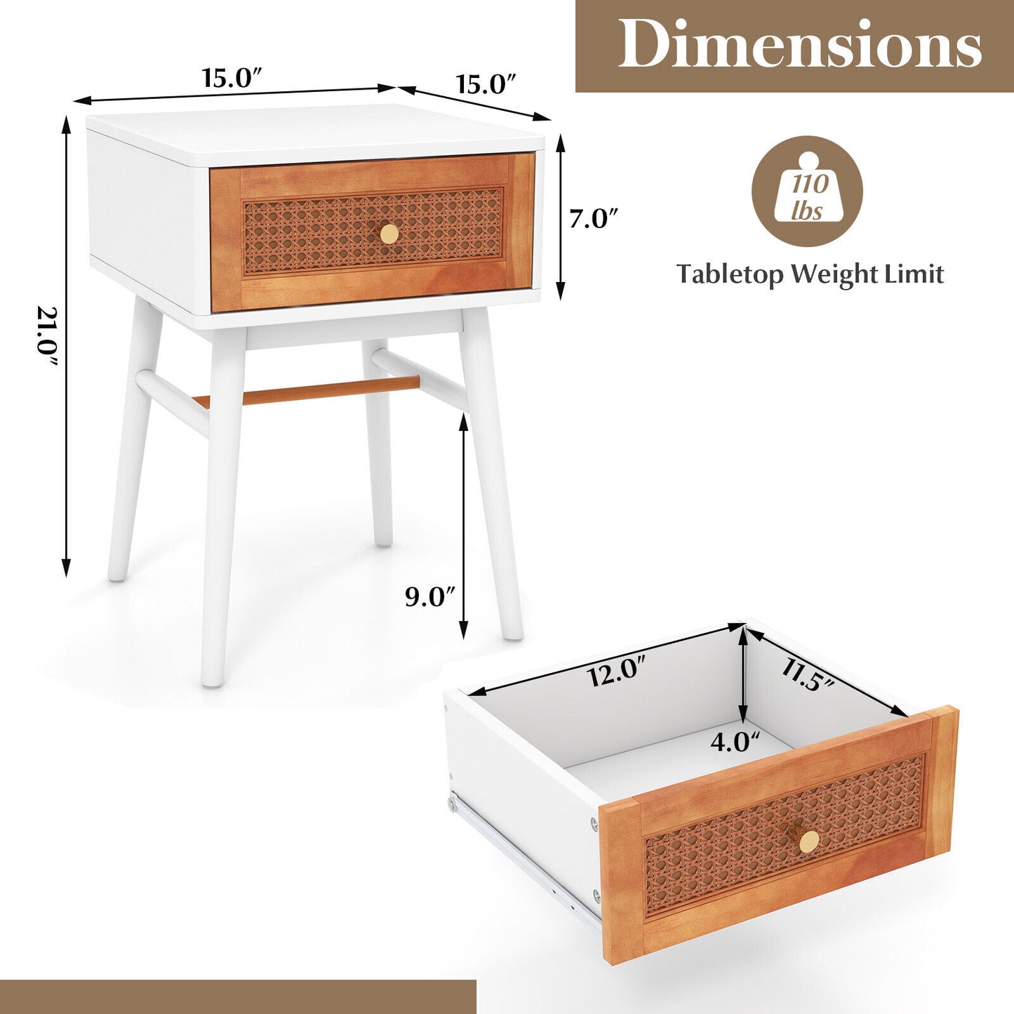 Stylish 1-Drawer Bedside Table with Sleek Handle and Sturdy Wood Legs White