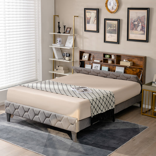Premium Upholstered Bed Frame with Storage Headboard – Full & Queen Size
