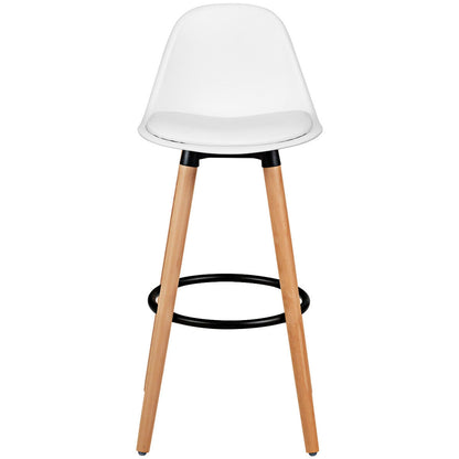 Set of 2 Mid-Century Modern Bar Stools with PU Leather Seats and Beech Wood Legs 28.5 Inch - White