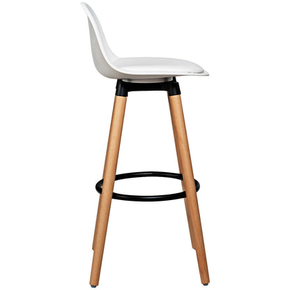 Set of 2 Mid-Century Modern Bar Stools with PU Leather Seats and Beech Wood Legs 28.5 Inch - White