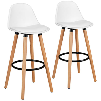 Set of 2 Mid-Century Modern Bar Stools with PU Leather Seats and Beech Wood Legs 28.5 Inch - White