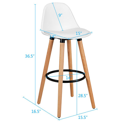 Set of 2 Mid-Century Modern Bar Stools with PU Leather Seats and Beech Wood Legs 28.5 Inch - White