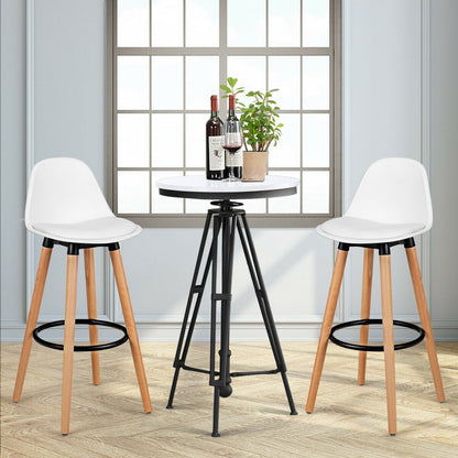 Set of 2 Mid-Century Modern Bar Stools with PU Leather Seats and Beech Wood Legs 28.5 Inch - White