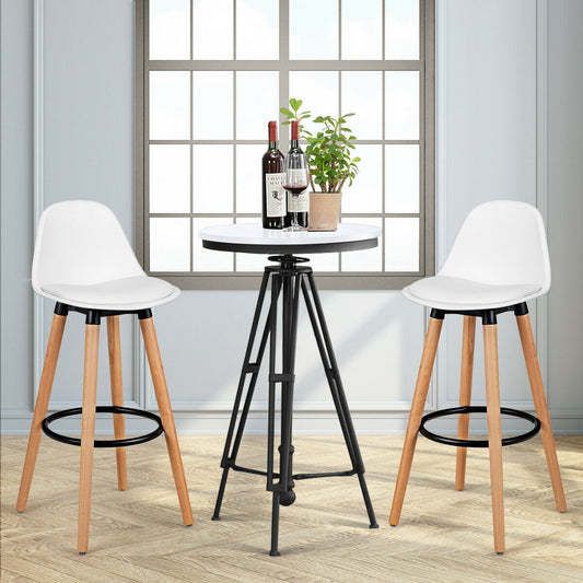 Set of 2 Mid-Century Modern Bar Stools with PU Leather Seats and Beech Wood Legs 28.5 Inch - White