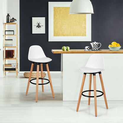 Set of 2 Mid-Century Modern Bar Stools with PU Leather Seats and Beech Wood Legs 28.5 Inch - White