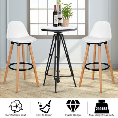 Set of 2 Mid-Century Modern Bar Stools with PU Leather Seats and Beech Wood Legs 28.5 Inch - White
