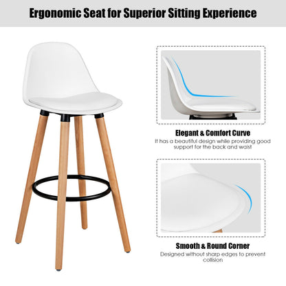 Set of 2 Mid-Century Modern Bar Stools with PU Leather Seats and Beech Wood Legs 28.5 Inch - White