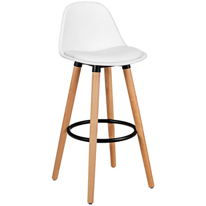 Set of 2 Mid-Century Modern Bar Stools with PU Leather Seats and Beech Wood Legs 28.5 Inch - White