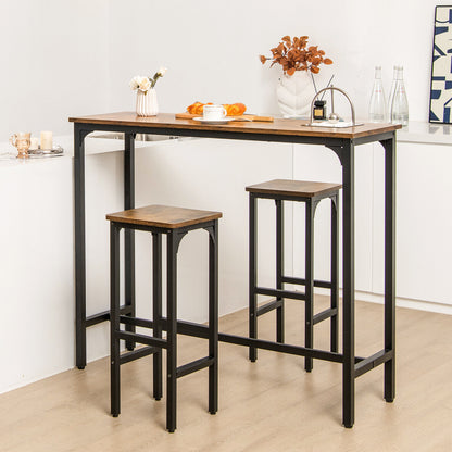 Industrial 3 Piece Bar Table Set with Metal Frame and Wood Top for Kitchen or Dining