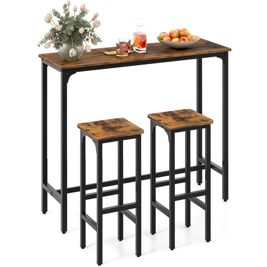 Industrial 3 Piece Bar Table Set with Metal Frame and Wood Top for Kitchen or Dining
