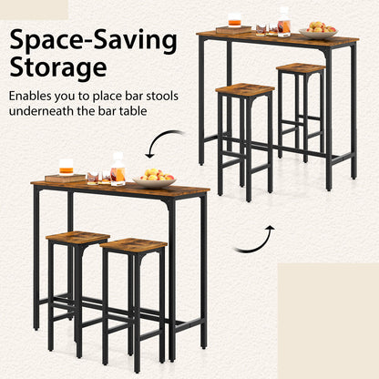 Industrial 3 Piece Bar Table Set with Metal Frame and Wood Top for Kitchen or Dining