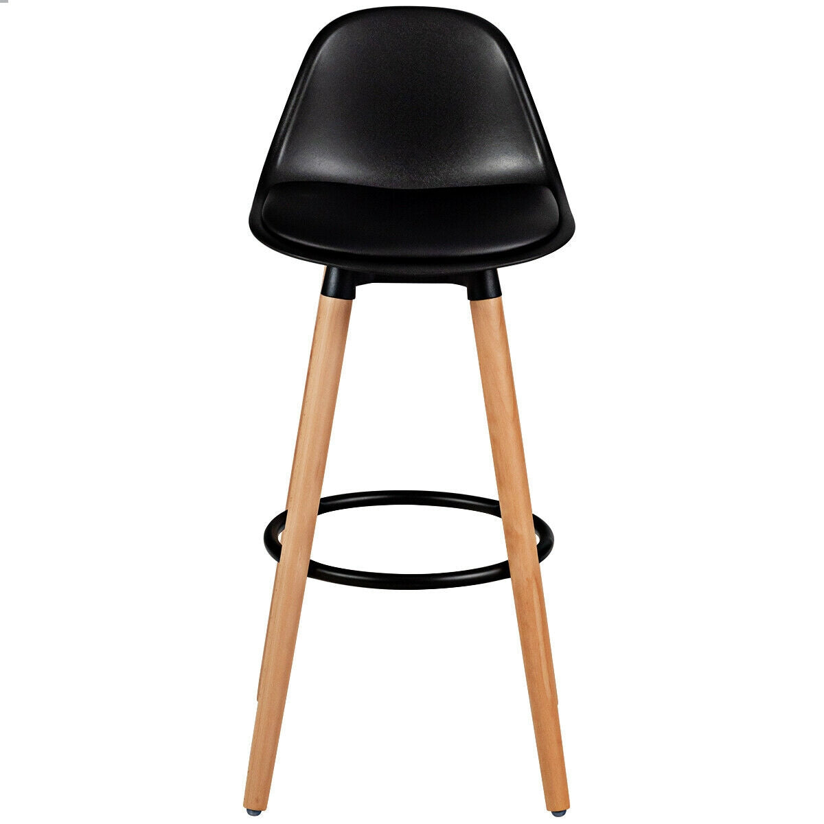 Set of 2 Mid-Century Modern Bar Stools with PU Leather Seats and Beech Wood Legs 28.5 Inch - Black