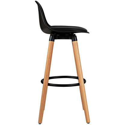 Set of 2 Mid-Century Modern Bar Stools with PU Leather Seats and Beech Wood Legs 28.5 Inch - Black