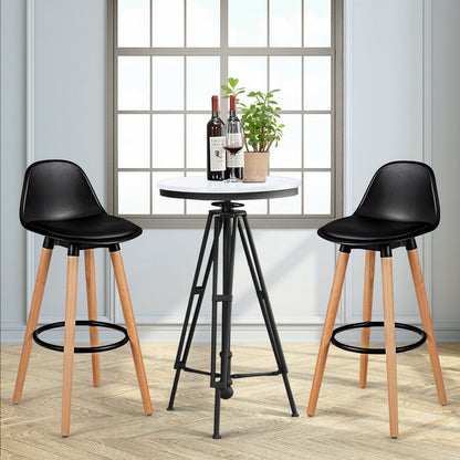 Set of 2 Mid-Century Modern Bar Stools with PU Leather Seats and Beech Wood Legs 28.5 Inch - Black