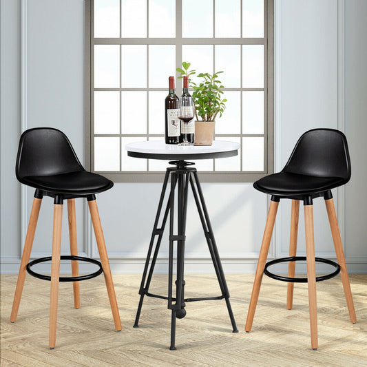 Set of 2 Mid-Century Modern Bar Stools with PU Leather Seats and Beech Wood Legs 28.5 Inch - Black