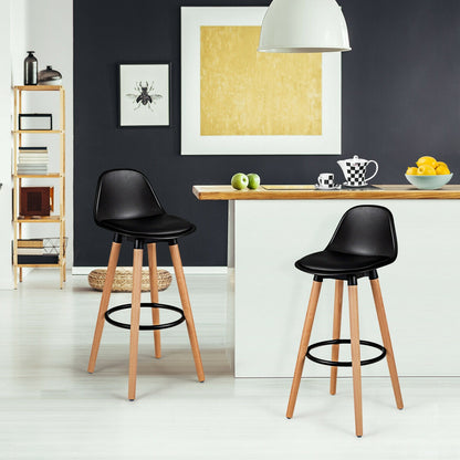 Set of 2 Mid-Century Modern Bar Stools with PU Leather Seats and Beech Wood Legs 28.5 Inch - Black
