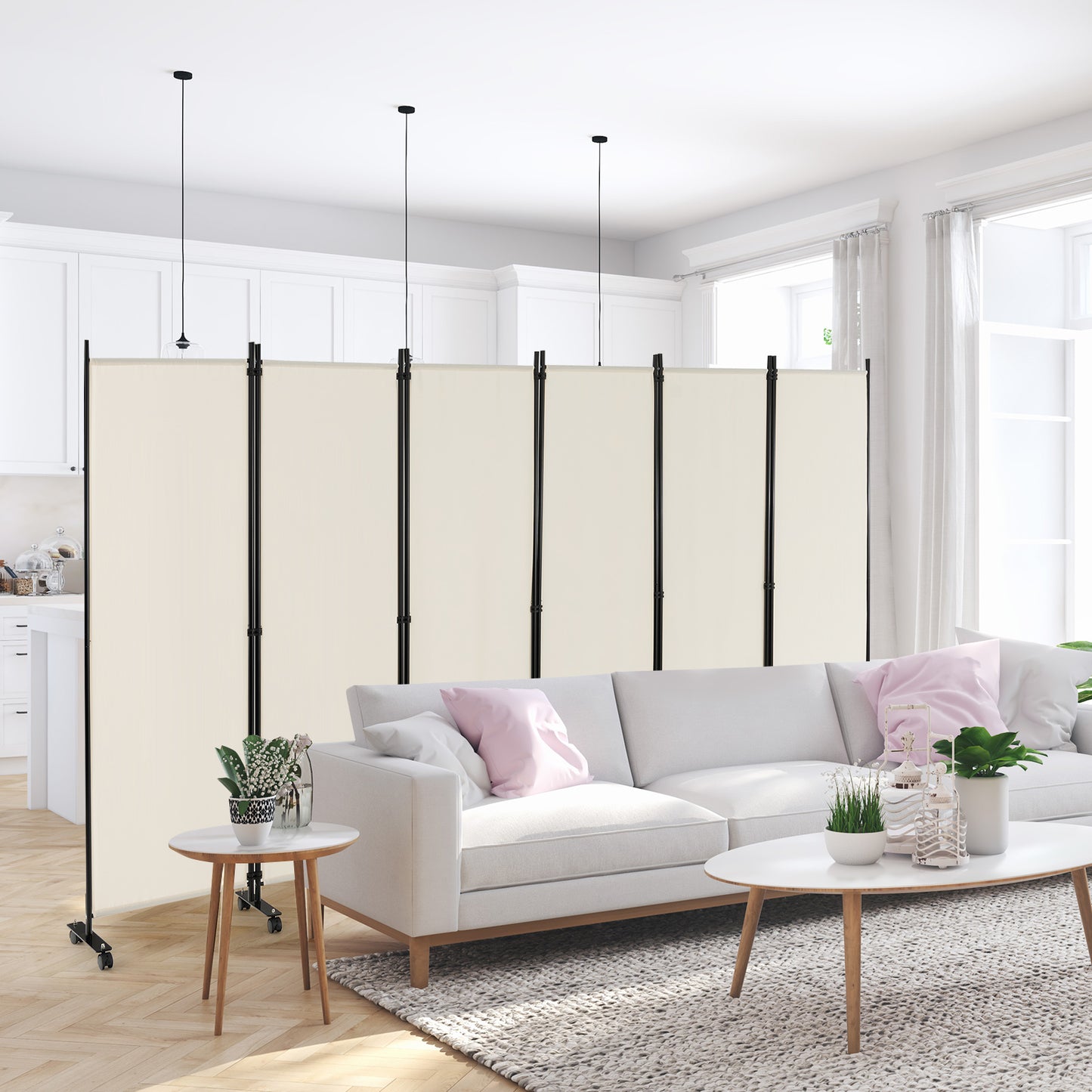 6-Panel 5.7 Ft Freestanding Room Divider with Rolling Lockable Wheels - White