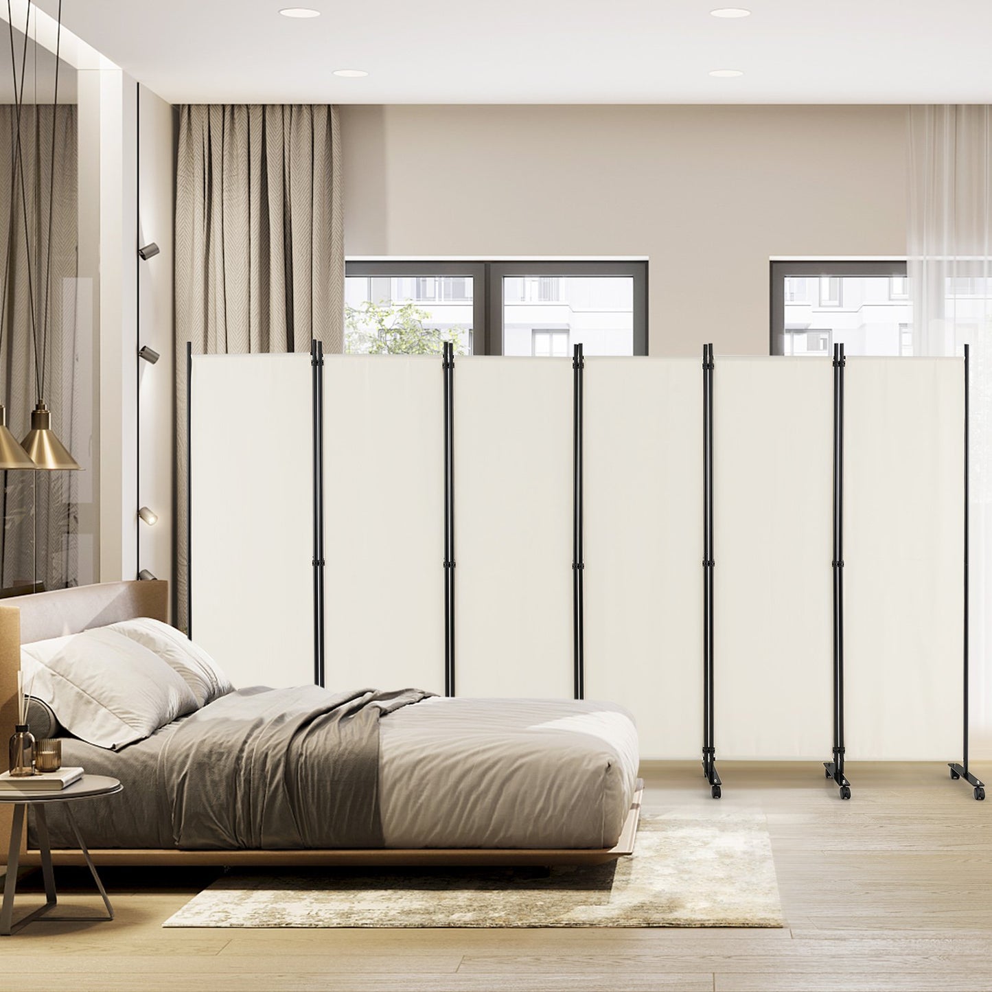 6-Panel 5.7 Ft Freestanding Room Divider with Rolling Lockable Wheels - White