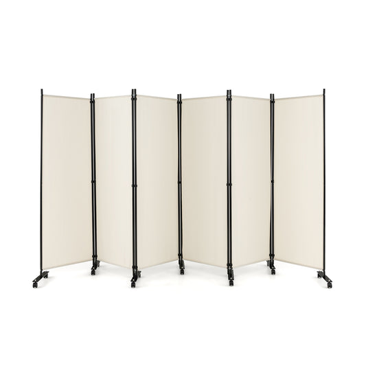6-Panel 5.7 Ft Freestanding Room Divider with Rolling Lockable Wheels - White