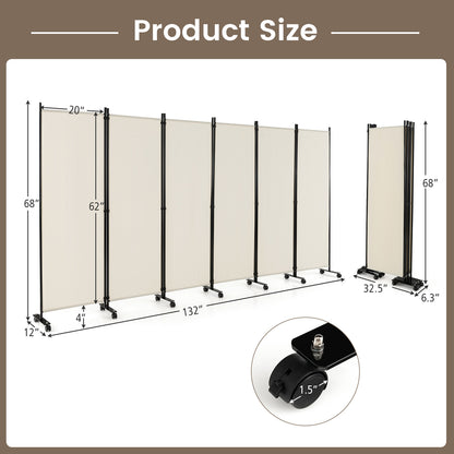 6-Panel 5.7 Ft Freestanding Room Divider with Rolling Lockable Wheels - White