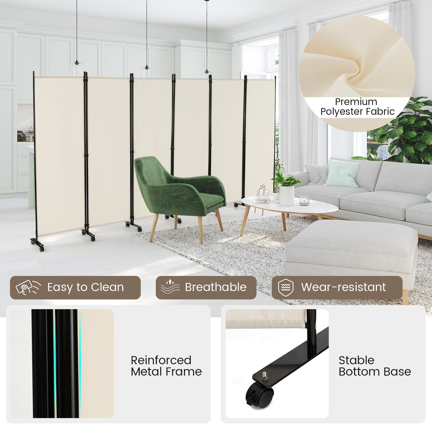 6-Panel 5.7 Ft Freestanding Room Divider with Rolling Lockable Wheels - White