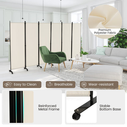 6-Panel 5.7 Ft Freestanding Room Divider with Rolling Lockable Wheels - White