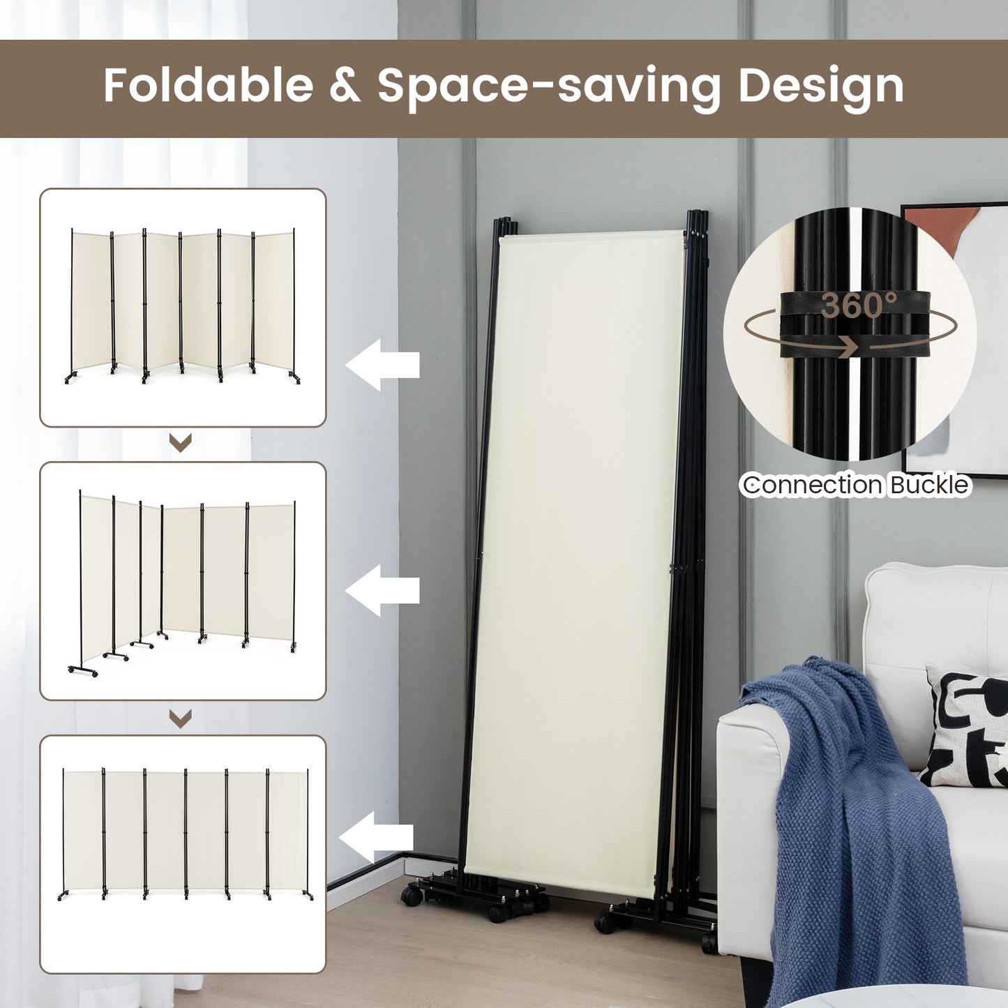 6-Panel 5.7 Ft Freestanding Room Divider with Rolling Lockable Wheels - White