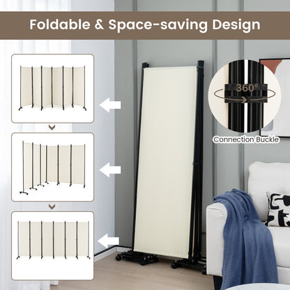 6-Panel 5.7 Ft Freestanding Room Divider with Rolling Lockable Wheels - White